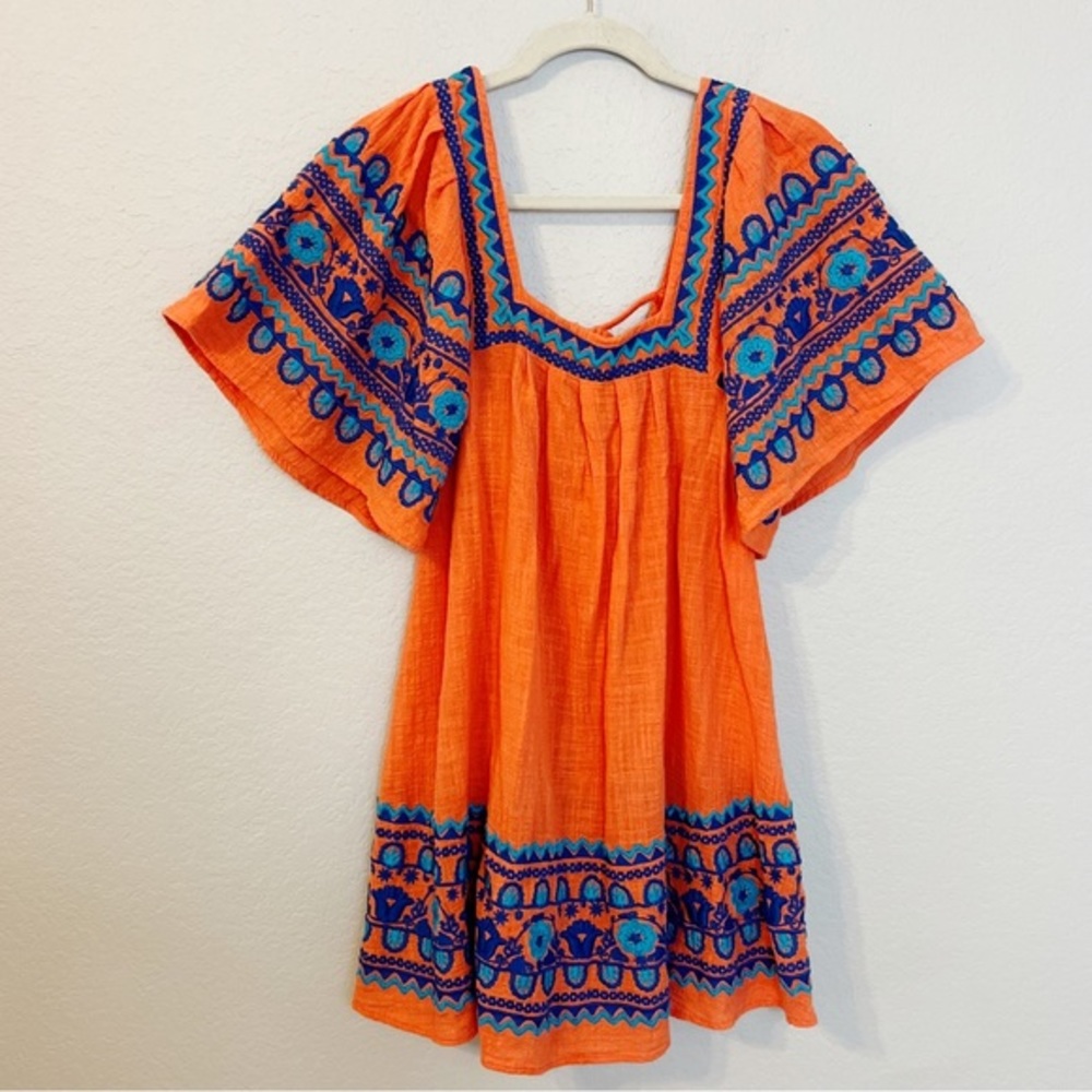 Ivy Jane Embroidered Tunic Top Dress Orange Blue‎ Boho XS Extra Small